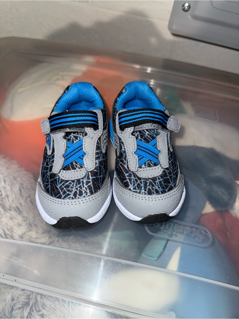Saucony Gray and Blue Lightning-Print Hook-and-Loop Kids Sneakers